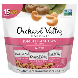Orchard Valley Harvest Jumbo Cashews, 1 oz Bags (Pack of 15), Whole Roasted Salted Cashews, Gluten Free, No Artificial Colors, Flavors or Preservatives, Non-GMO, Snacks for Adults