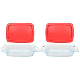 Pyrex (2) C-232 2qt Easy Grab Glass Baking Dish & (2) C-232-PC Red Easy Grab Lid - Made in the USA