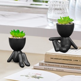 SEMSOIIO Pack of 4 Black Cute Fake Plants, Artificial Plant Planters, Fake Plants in Humanoid Ceramic Pots, Desk Plants for Office Decor, Fake Plants for Bathroom Shelf Decor and Cubicle Decor