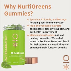 Nutriburst - NutriGreens - 22 Fruits + Vegetables + Herbs + Mushrooms + Live Bacteria Cultures - Boosted with Vitamins: Zinc, VIT C, D3, B5, B6, B12-60 Gummies 1 Month Supply - Suitable for Vegans