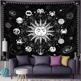 Waykingo Astrology Chart Tapestry Zodiac Room Decor, The Sun and Moon Tapestries for Bedroom Aesthetic,Libra Virgo Witchy Tapestry Wall Hanging, Black Tapestry for Bedroom Aesthetic