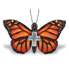 DolliBu Orange Butterfly Stuffed Animal with Silver Cross and Personalization - Religious Baptism Gifts for Boys and Girls, Dedication Christening Gifts Plush Prayer Toy Healing Teddy Bear - 12 Inches
