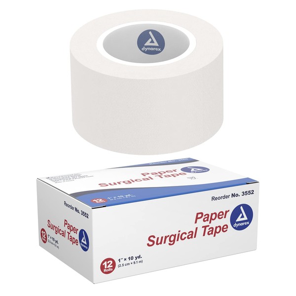 Dynarex Paper Surgical Tape, Use to Secure Wound Care with Medical Gauze, Dressings, and Non-Adherent Pads, First-Aid Kit Essential, White, 1” x 10 yds, 1 Box of 12 Rolls