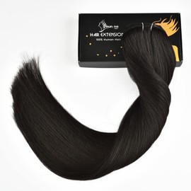 Kun Na Remy Clip in Hair Extensions Real Human Hair Clip On Straight Full Head Weft Extensions for Women 7Pcs 16Clips 120g/Set (#1B Natural Black, 14 Inch)