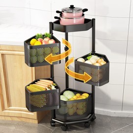 ILWorkTLs 4 Tier Rotating Storage Rack with Removable Basket and Wheels,Kitchen Cart for Fruit Vegetable,Black