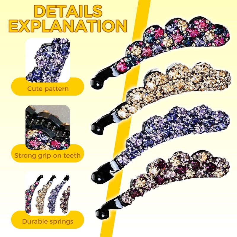 4 Pack Large Elegant Rhinestone Banana Hair Clips for Girls