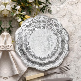 LeZakaa 25Pcs Wedding Paper Plates - Vintage Silver Flower Design Silver Foil Retro Disposable Party Plates Decorative Tableware Supplies for Wedding, Engagement, Bridal Shower, Christmas - 7 Inch
