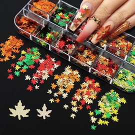 12 Colors Fall Nail Art Stickers Maple Leaf Nail Glitter Sequins 3D Nail Art Accessories Autumn Leaf Shape Flakes Holographic Gold Red Yelloween Maple Leaves Paillettes Designs Acrylic Nails Supplies