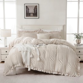 MOVE OVER Beige Ruffle Comforter Set King 3 Pieces Seersucker Comforter Set Boho Chic Farmhouse Style Beige Textured Bedding Set for Room Decor with 2 Ruffle Pillow Shams