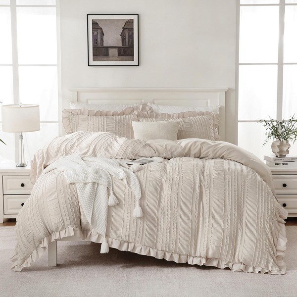 MOVE OVER Beige Ruffle Comforter Set King 3 Pieces Seersucker