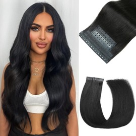 Micro Ring PU Hair Extensions Remy Human Hair Extension Natural Black Glueless Skin Weft Human Hair Extensions PU Invisible Tape in Hair Extension for Women (70g 8Pcs,16 Inch)