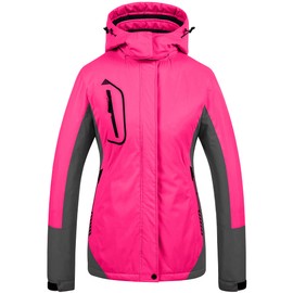 CREATMO US Women's Raincoat Windbreaker Snow Hooded Ski Jacket Rose Red XX-Large
