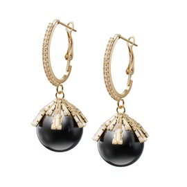 Dangle Glass Pearl Drop Earrings for Women Gold Tone with Cubic Zirconia by Lova Jewelry (Black)