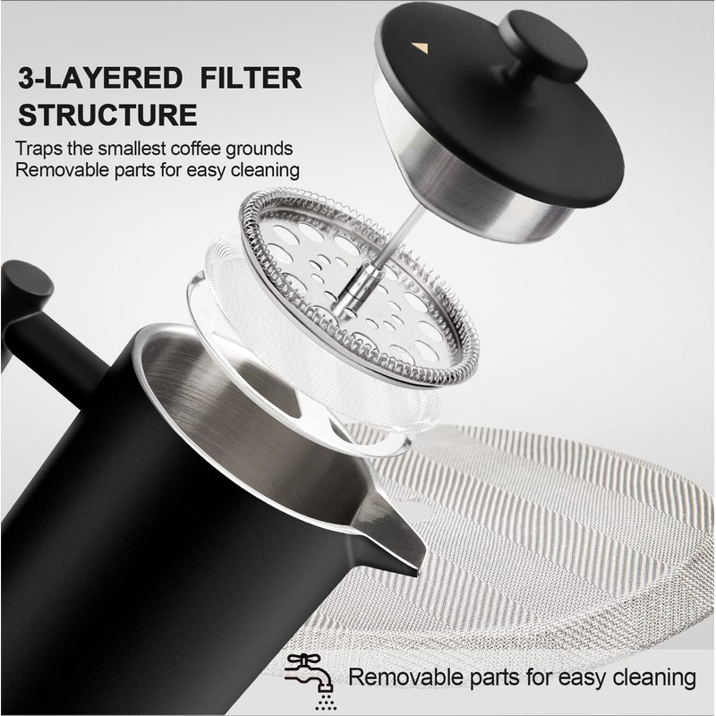 Secura French Press Coffee Maker with 3-Layer Stainless Steel Filter,