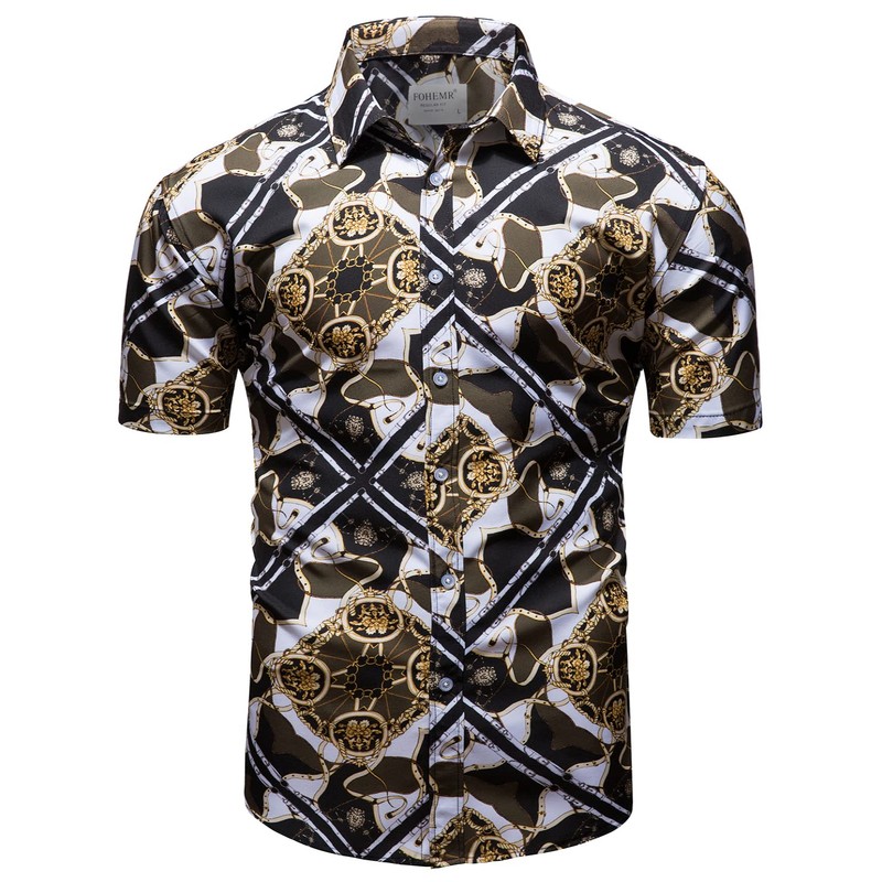 fohemr Outfit Men's Baroque 2-Piece Golden Chain Pattern Shirt Shorts