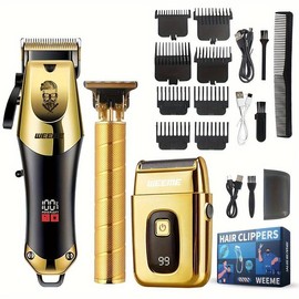 3-Piece Professional Blonde Hair Clipper & Trimmer Kit for Men - USB-Rechargeable Barber Set Featuring LCD Display, Adjustable Blade Hair Clippers, and Professional Men's Trimmer:_3Pac/Set New style