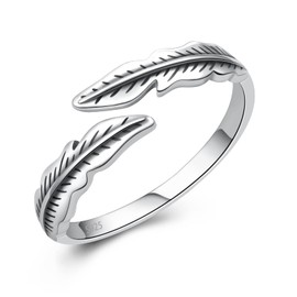 Hioed Angel Wings Feather Ring 925 Sterling Silver Adjustable Rings Vintage Dainty Leaf Open Rings Gift for Women Men
