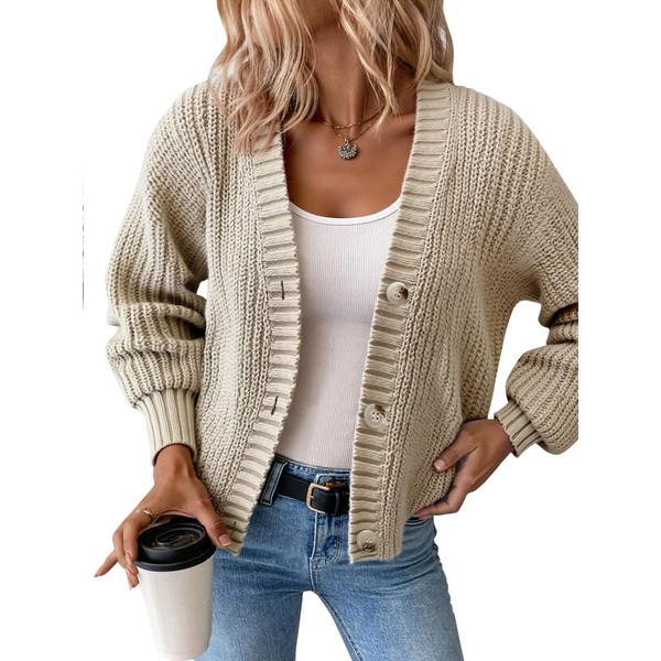Women’s Chunky Knit Cardigan – Waffle Knit Button Down Oversized
