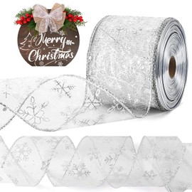6.3 cm Christmas Tree Ribbon, Snowflake Pattern Christmas Organza Ribbon Sheer Glitter Ribbon Wired Ribbon, Christmas Decor Gift Christmas Ribbons for Crafting (10 m Silver Ribbon)