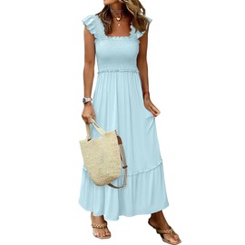ANRABESS Womens Summer Sleeveless Maxi Dress Square Neck Smocked Boho Casual Ruffle Strap Flowy A-Line Long Beach Sundress Sky Blue Small