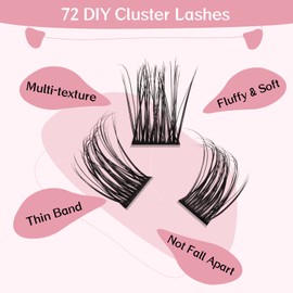 Cluster Eyelashes, Pack of 72 Individual Eyelashes, Eyelash Clusters, DIY Eyelash Extensions, Super-Thin Band, Reusable, Soft & Comfortable (Pined-D-8-16 Mix)
