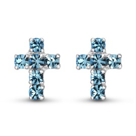 AeraVida Elegant Petite Cross Light Blue Cubic Zirconia .925 Sterling Silver Stud Earrings | Dainty Mini Cross Earrings for Women | Women’s Mini Cross Earrings