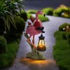Solar Powered Pink Flamingo Garden Sculpture with Gnomes, Handcrafted Resin