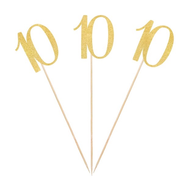 Gold Glitter 10th Birthday Centerpiece Sticks, 12-Pack Number 10 Table Topper Anniversary Party Decorations