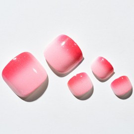 GLAMERMAID Press on Toenails, Spring Summer Hot Pink Ombre Gel Glue on Toe Nails, Glossy Toe Nails Reusable UV Finish Fake Nails Acrylic False Nails Manicure Kits for Women