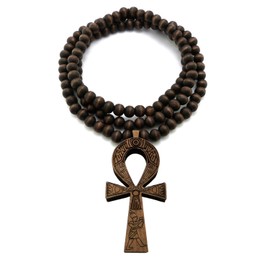 Fashion 21 Egyptian Ankh Cross Pendant 8mm 36" Wooden Bead Necklace Brown- Tone XJ217BRN
