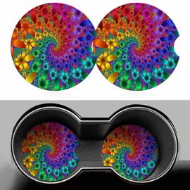 Tie Dye Car Coasters for Cup Holders Rainbow Spirals Flower Petals Car Cup Holder Coasters 2 Pack for Car, Anti Slip Ceramic Car Cup Mat with Finger Notch Cute Car Interior Accessories for Women Men