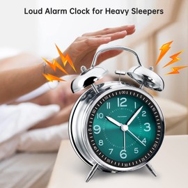 Peakeep Loud Alarm Clock for Heavy Sleepers Adults, Metal 4 Inches Twin Bell Battery Operated Alarm Clocks for Bedrooms Decoration (Peacock Green)