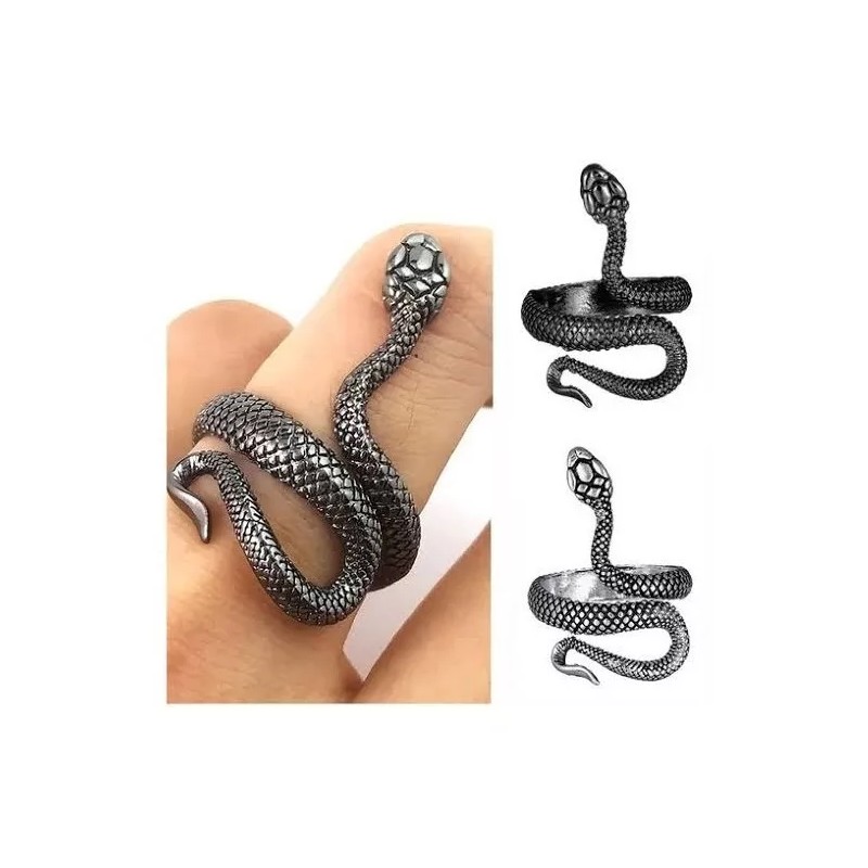 Dtup Elegante Anillo Serpiente Vivora Negra Plata