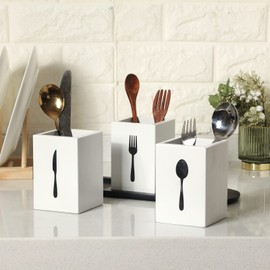 Kathfly 4 Pcs Silverware Caddy Utensil Holder for Countertop Silverware Organizer with Wood Tray Spoon Fork Holder 3. 15 x 3. 15 x 4. 53 Inches of Each Organizer for Kitchen Parties(White)
