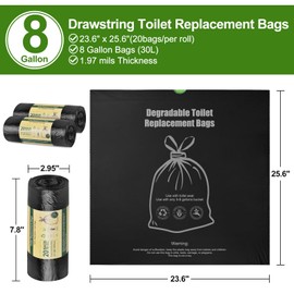 BLIKA 40 Count Toilet Replacement Bags with Drawstring, 8 Gallon, 30 Liter, Heavy Duty 1.97 Mils, Compost Bags 8 Gallon, Camping Toilet Bags for Portable Toilet, Car Travel, Camping, Long Trips