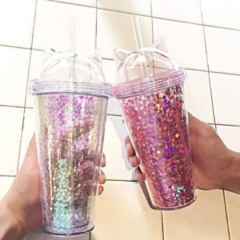 Water Tumbler with Straw Lid Plastic Cup with Straw Sequin