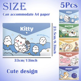 JYJLLM A4 Kids Document Folders 5-Pack - Cute Design, Waterproof, Durable Plastic, Assorted Colours, Plastic Wallets A4 (Blue Cat)