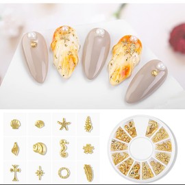 JERCLITY 6 Boxes Gold Metal Nail Studs Geometry Heart Moon Line Sea Creatures Gold Nail Charms 3D Nail Art Jewelry Decoration for Acrylic Nails With 1pc Tweezers and Wax Pencil for Rhinestones