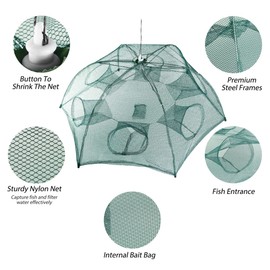 KOCASO Fishing Trap Net, Portable Foldable 6-Sided 6-Hole Nylon Mesh Crab, Shrimp, Minnow Trap, Green, 0.57lbs