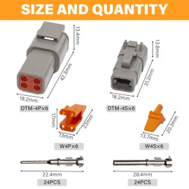 Deutsch DTM Grey 4 Pin Connectors 6 Sets, Waterproof Electrical Wire Connector with Stamped Contacts and Seal Plug for Truck, Off-Road Vehicles, Construction, Agriculture, Marine, Motorcycle Wiring
