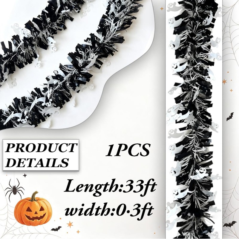 Halloween Tinsel Garland with Ghost Black Foil Metallic Xmas Tree