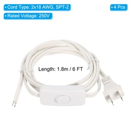 PATIKIL 6FT US Plug Lamp Cord with Switch, 4Pcs 18/2 SPT-2 Replacement Power Wire with Pure Copper Stripped End Ready for Extension Wiring DIY Repairing, White, UL Listed
