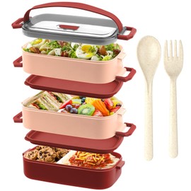 OITUGG Lunch box - Premium 3 Layer Bento Lunch Box for Adults Work - 2200ml Lunchbox with Cutlery and 3 Pcs Compartment Adjustable, leak-proof, BPA-Free, Microwaveable, 19.5 x 11.2 x 15cm, Red