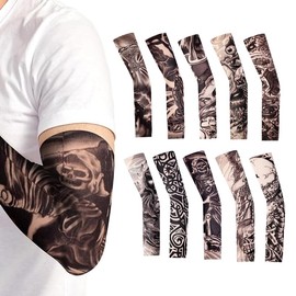Yeomju Set of 10 Tattoo Sleeves Set Fake Sun Cream Arm Warmers Tattoo Sleeves Tattoo Arm Stocking for Men Women Temporary Tattoo Stocking Arm for Carnival, multicoloured