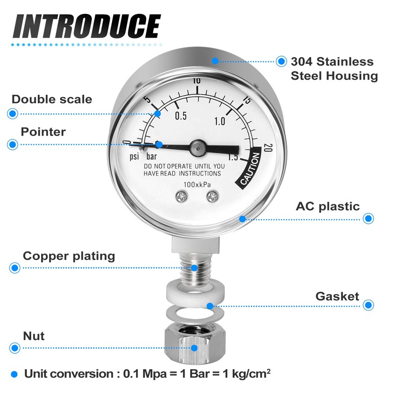 MEANLIN MEASURE Stainless Steel Pressure Cooker Gauge,0-20Psi 2" DIAL FACE