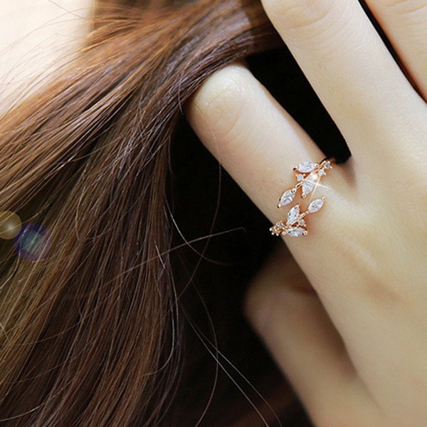 JIOLK Women's Ring, Leaf Rose Gold, Diamond, Crystal Ring, Opening, Simple, CZ, Diamond, Ring, Beautiful Finger Ring, Glitter, Engagement Ring, Proposal Ring, Jewelry, Accessories