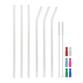 Reusable Long Glass Straws, 12 inch x 8mm Extra Long Glass Straws for 40oz Tall Tumblers Pack of 6, with Cleaning Brushes and Silicone Tips