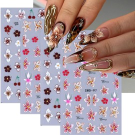 Flower Nail Stickers 5D Lily Nail Decals 4PCS Self-Adhesive Summer Sticker for Nails Colorful Floral Nail Art Supplies White Brown Pink Flowers Stickers for Women Nail Decorations Charms Accessories