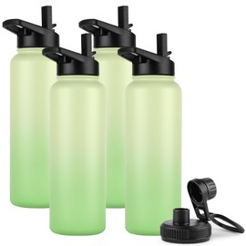 DOMICARE 40 oz Insulated Water Bottle Bulk, Vacuum Insulated Stainless Steel Sports Water Bottle with Straw Lid & Spout Lid, Leakproof, Reusable - Travel, Camping, Bike, Green Gradient (4 Pack)