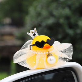 wonuu Rubber Duck Car Dashboard Decoration, Duck Car Ornament Cute Car Accessories with Mini Crown Dress Pearl Necklace Glasses, White Starry Skirt